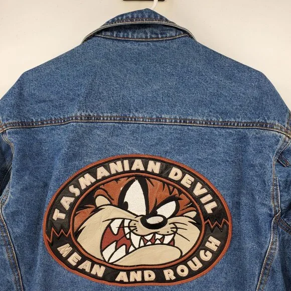 Vintage Looney Tunes Tasmanian Devil Mean and Rough Patch Jean Jacket Large - Picture 16 of 16